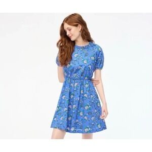 J. Crew Floral Print‎ Mini Dress Ruffle Neck Short Puff Sleeve Blue Size 14